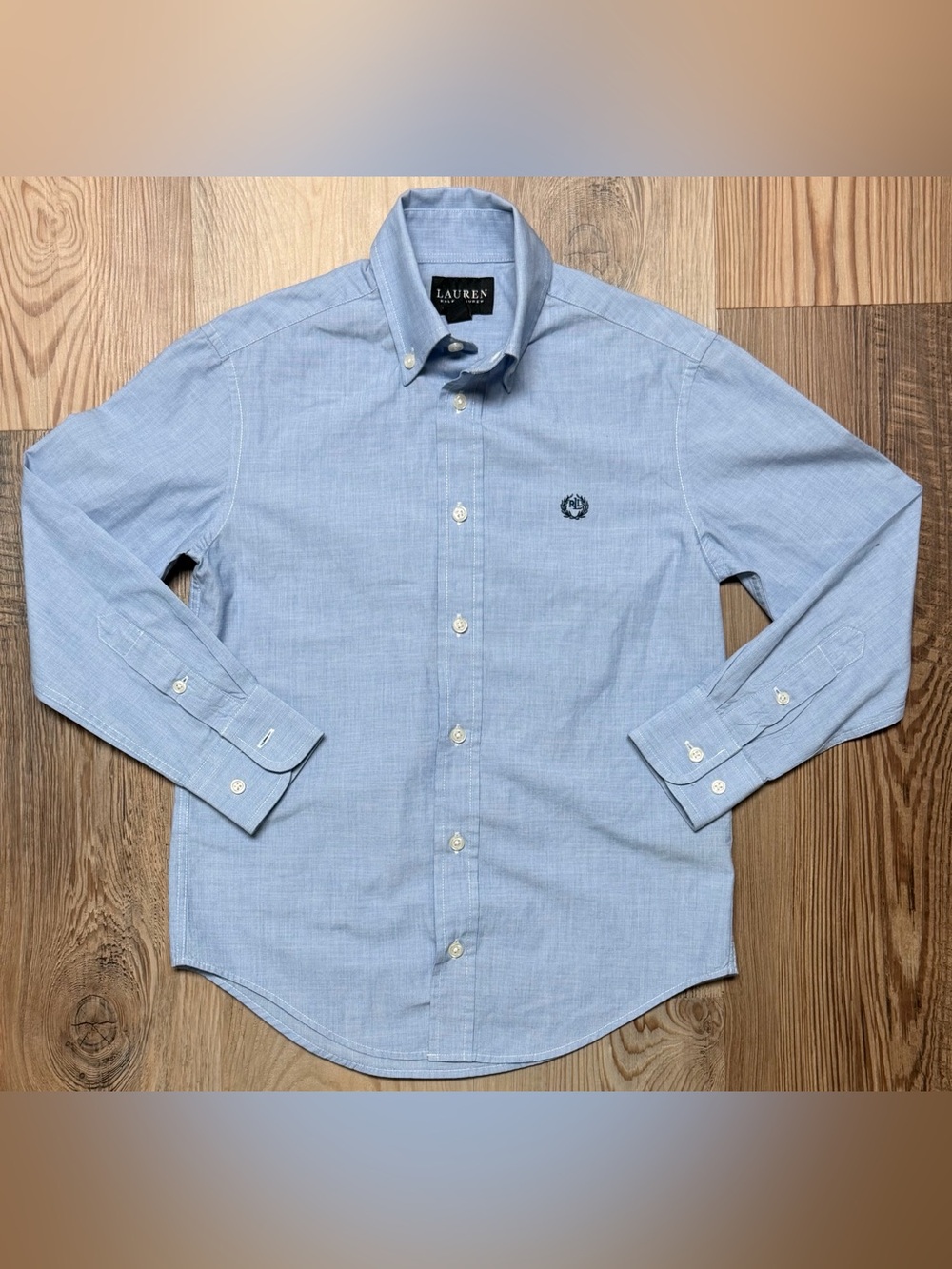 Lauren Ralph Lauren Boys Light Blue Oxford Button Down Shirt Size 8 Crest Logo